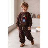 Babymod Erkek Çocuk Ayıcık Işlemeli 3 Iplik Pamuklu Kumaş Sweatshirt ve Damalı Eşofman Altüst Takım Kahverengi - 7 - 8 Yaş