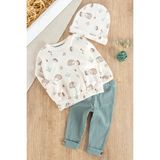 Babymod Figürlü 3'lü Şapkalı Unisex Bebek Takımı - Su Yeşili - 6 - 9 Ay