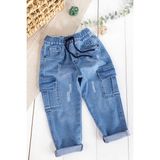 Babymod Kargo Cepli Denim Kumaş Beli Lastikli Erkek Çocuk Kot Pantolon - Mavi - 1 Yaş