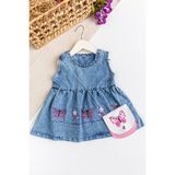 Babymod Kelebek Işlemeli Boncuklu Çanta Hediyeli Kız Bebek Kot Elbise Jean Jile - 9 Ay - Mavi