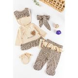 Babymod Leopar Baskılı 5 Parça Kız Bebek Hastane Çıkışı Bebek Takımı - 0 - 3 Ay - Krem