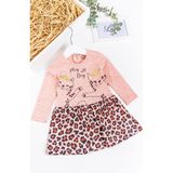 Babymod Leopar Desenli Kedi Baskılı Kız Bebek Elbise - 9 Ay - Somon