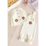 Babymod Yumuşak Dokulu Triko Hırkalı Kız Bebek Örgü Salopet Tulum Set - Ekru - 9 - 12 Ay
