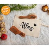 Babyorkids Isme Özel Doğal Keçi Kılı Bebek Saç Fırçası Doğal Ahşap Tarak ve Çantası 3’lü Set