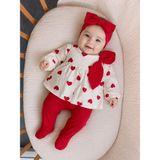 Babys Tasarım %100 Pamuklu Kız Bebek Kırmızı Kalp Desenli 5'li Hastane Çıkışı, Fiyonklu Üst, Patikli Alt, Fular Önlük, Eldiven ve Saç Bandı Seti - 0 - 3 Ay - Ekru - Kırmızı