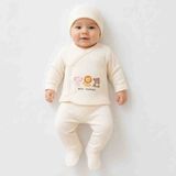 Babys Tasarım Best Friends 3'lü Ribana Bebek Takımı 0-3 Ay Pamuklu Yenidoğan Takımı Patikli Alt Şapkalı Hastane Çıkışı - 0 - 3 Ay - 01.Ekru