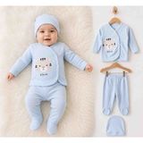 Babys Tasarım Kaplan Desenli 3'lü Ribana Hastane Çıkışı 0-3 Ay Pamuklu Yenidoğan Bebek Takımı Patikli Alt Şapkalı Erkek Bebek Takımı - 0 - 3 Ay - 003-Mavi