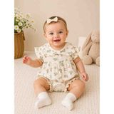 Babys Tasarım Kız Bebek Çiçek Desenli Müslin Tulum – Pamuklu Fırfır Yaka Kurdele Detaylı Yazlık Bebek Tulumu - 5883-Ekru - 6 - 9 Ay