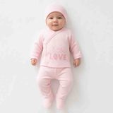 Babys Tasarım Little Love 3'lü Bebek Takımı 0-3 Ay Ribana Pamuklu Yenidoğan Takımı Patikli Alt Şapkalı Kız Bebek Takımı - 0 - 3 Ay - 002-Pembe