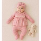 Babys Tasarım Yenidoğan Kız Bebek 5’li Kutulu Waffle Takım Fistolu Yaka Işlemeli Elbise Pantolon Şapka Önlük Eldiven Hastane Çıkışı - 0 - 3 Ay - 002-Pembe