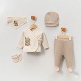 Babytex Yenidoğan 5’li Hastane Çıkışı Seti – Pamuklu Zıbın, Patikli Alt, Şapka, Önlük, Eldiven - Bej - 0 - 3 Ay