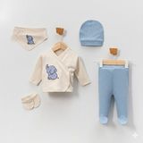 Babytex Yenidoğan 5’li Hastane Çıkışı Seti – Pamuklu Zıbın, Patikli Alt, Şapka, Önlük, Eldiven - Mavi - 0 - 3 Ay