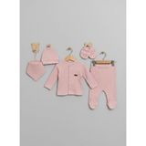 Babytex Yenidoğan Bebek 5’li Hastane Çıkışı Seti | Pamuk Takım (Zıbın, Pantolon, Şapka, Eldiven, Önlük) - Pembe - 0 - 1 Ay