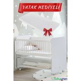 Babywhen Beyaz Anne Yanı Bebek Beşiği 60x120 Sallanır Tekerlekli + Yatak Hediyeli