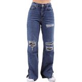 Bacakları Yırtıklı ve Paçaları Yırtmaçlı Geniş Paçalı Kadın Kot Pantolon Jean Orta Mavi Denim