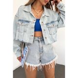 Bacc Buz Mavi Çift Cepli Lazer Kesim Yıkamalı Crop Denim Ceket - 36 - Antrasit