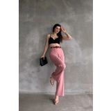 bacc Pudra Beli Kemerli Keten Pantolon