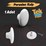 Badem10 (1 Adet) Porselen Yuvarlak Düz Beyaz Renk Mobilya Mutfak Gardrop Dolabı Kapak Kulpu Çekmece Kulbu