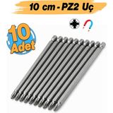 Badem10 (10 Adet) Mıknatıslı 100 mm Pozidriv Bits Uç Pz2 Manyetik 1/4" Matkap Ucu 10 cm Matkap Ucu Uç - Gümüş
