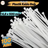 Badem10 100 Adet Cırt Kelepçe 4,8X500 mm Plastik Beyaz Renk Zip Kablo Bağı Çok Amaçlı Bağlama
