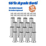 Badem10 16'lı Set Krom 12cm Metal Mobilya Kanepe Koltuk Baza Yatak Çekyat Yükseltme Ayağı Ayakları M8 Civata