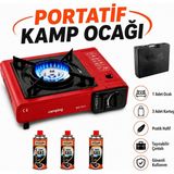 Badem10 (4'lü Set) Taşınabilir Portatif Kamp Ocağı Tek Gözlü 3 Adet Kartuş Gezi Piknik Yemek Pişirme Ocağı - Kırmızı - 36