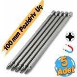 Badem10 (5 Adet) Mıknatıslı 100 mm Pozidriv Bits Uç Pz2 Manyetik 1/4" Matkap Ucu 10 cm Güçlü Tayvan Çeliği - Gümüş