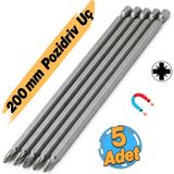 Badem10 (5 Adet) Mıknatıslı 200 mm Pozidriv Bits Uç Pz2 Manyetik 1/4" Matkap Ucu 20 cm Güçlü Tayvan Çeliği - Gümüş