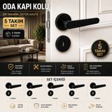Badem10 (5 Takım Set) Kayı Mat Siyah Rozetli Oda Kapı Kolu Sağa Sola Uyumlu Modern Kapı Takımı Kolları