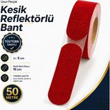 Badem10 (50 Metre) 5 cm Tüvtürk Onaylı Reflektörlü Bant Kırmızı Kesikli Reflektif Fosforlu Şerit Ikaz Bandı