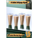 Badem10 Ahşap Ayak 4 Adet 15 cm Kare Bağlantı Aparatı Dahil Mobilya Koltuk Kanepe Sehpa Masa Ayağı Ayakları