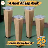 Badem10 Ahşap Ayak 4 Adet 25 cm Kare Bağlantı Aparatı Dahil Mobilya Koltuk Kanepe Sehpa Masa Ayağı Ayakları