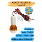 Badem10 Akü Pensli 4 Metre Kablolu 12 V Tasarruflu Seyyar Led Ampul 5W Lamba Anahtarlı Aydınlatma Beyaz Işık