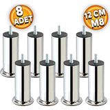 Badem10 Baza Koltuk Kanepe Mobilya Yatak Çekyat Ayağı Ince Diş Metrik 8 Mm Krom Metal Ayakları 12 Cm 8 Adet