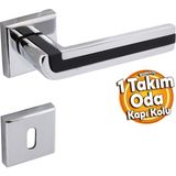 Badem10 Defne Lüx Krom Mat Siyah Kare Rozetli Oda Kapısı Kapı Kolu Sağa ve Sola Uygun Kapı Kolları 1 Takım