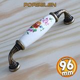 Badem10 Gerçek Porselen Kulp Çiçek Desen 96 mm Mobilya Mutfak Kulplar Dolabı Çekmece Dolap Kapak Kulpu Beyaz