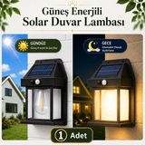 Badem10 Güneş Enerjili Solar LED Duvar Lambası Hareket Sensörlü 3 Modlu 3000K Sarı Işık Bahçe Aydınlat Aplik - Amber
