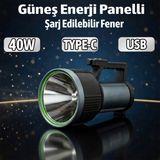 Badem10 Güneş Panelli Şarjlı El Feneri 40 W USB Type C Şarjlı Güçlü LED Kamp Feneri Uzun Menzilli Projektör - Siyah