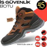 Badem10 Iş Botu Ayakkabısı Suya Dayanıklı Hakiki Deri 45 Numara Demir Burunlu Kış Inşaatçı Tekstil Ayakkabı - Kahverengi - Siyah
