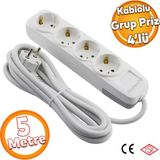 Badem10 Kablolu 4'lü Topraklı Grup Priz Fiş Çoğaltıcı 5 Metre Çoklu Uzatma Kablosu Anahtarsız - Beyaz