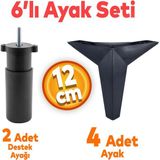 Badem10 Kale 6'lı Set Mobilya Tv Ünitesi Koltuk Kanepe Destek Ayağı 12 Cm Siyah Baza Ayakları M8 Civatalı