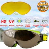 Badem10 Kayak Gözlüğü Değiştirebilir Camlı Güneş Kar Gözlük Gümüş Snowboard Glasses Gözlük+1 Adet Yedek Cam (Sarı) - Standart