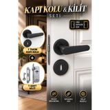 Badem10 Kayı Mat Siyah Rozetli Oda Kapı Kolu 1 Takım + Sessiz Gömme Kilit 40 mm Kapı Kolu Kilit Seti