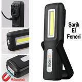 Badem10 Klaus El Feneri Mıknatıslı Şarjlı Işıldak Darbe Dayanıklı ABS Gövde ile Kamp Lambası Tamir Çalışma Araç Oto LED Aydınlatma - Beyaz
