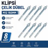 Badem10 Klipsli Çelik Dübel M12X150 mm 8 Adet Set Beton Tuğla Uyumlu Güçlü Sabitleme Vida Uyumlu Montaj Seti - Metalik Gri