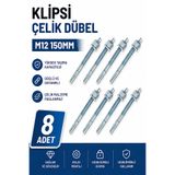 Badem10 Klipsli Çelik Dübel M12x150 mm 8 Adet Set Beton Tuğla Uyumlu Güçlü Sabitleme Vida Uyumlu Montaj Seti