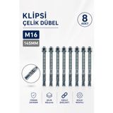 Badem10 Klipsli Çelik Dübel M16x145 mm 8 Adet Set Güçlü Sabitleme Beton Tuğla Uyumlu Montaj Dübeli