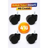 Badem10 Koltuk Tekeri Dönerli M8 Civatalı 4'lü Set Siyah Dayanıklı Mobilya Sandalye Ofis Yedek Tekerlek