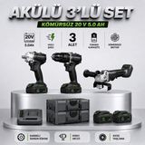 Badem10 Kömürsüz Akülü 3 Parça Set Darbeli Matkap Avuç Taşlama Somun Sökme 20V 5.0AH Çift Akülü