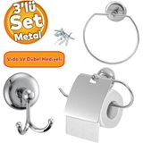 Badem10 Krom Metal Sağlam Aparat Vidalı Lavabo Banyo Wc Bez Havlu Çatal Askı Tuvalet Kağıtlık 3'lü Set